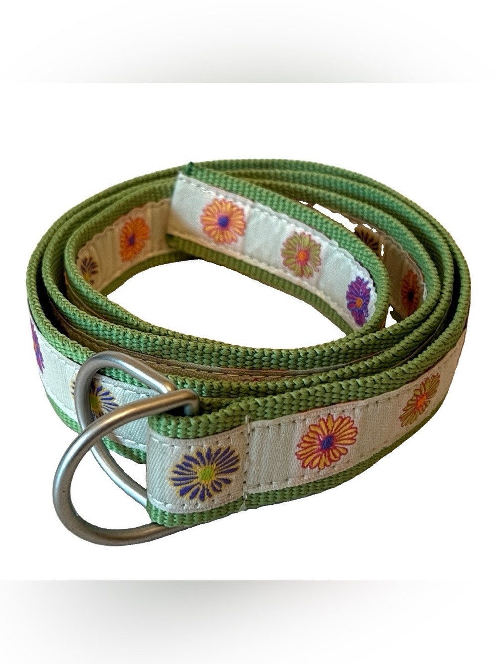 L.L. Bean Vintage Women's Green White Floral Canvas D-Ring Belt Large-XL